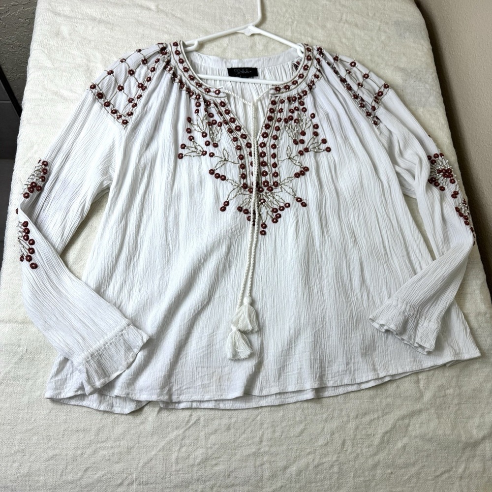 RD & KOKO Anthropologie Peasant Top Size M White Embroidered Beaded Boho Hippie